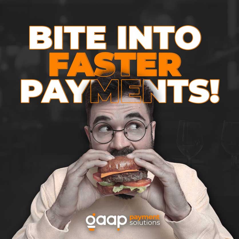 Man biting into a burger -with the caption "Bite into faster payments"